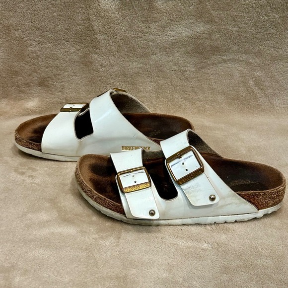 Birkenstock Womens 38 / 7-7.5 Arizona Biko Flor Patent White Gold Buckle‎ - Picture 4 of 8